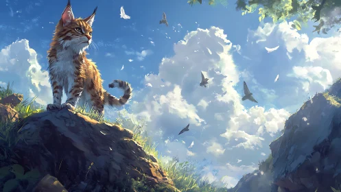 Majestic Lynx Surveying Sky Among Flying Birds.