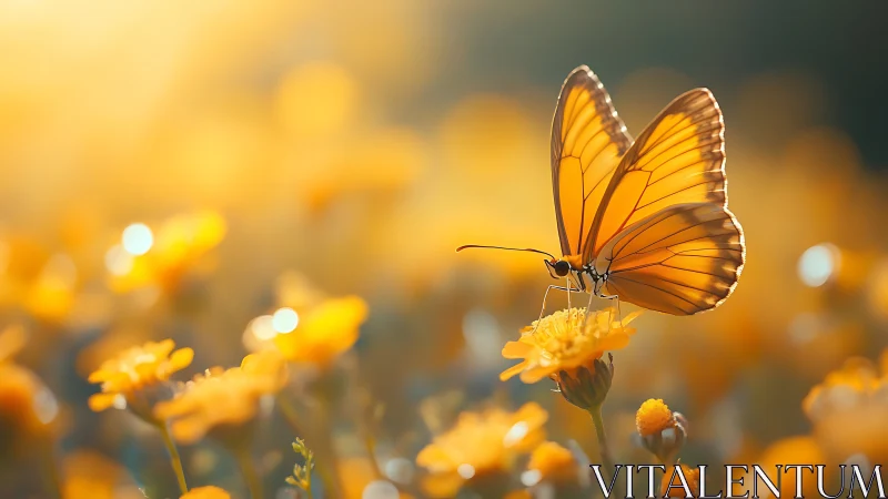 Macro butterfly study on golden wildflowers in soft bokeh field.