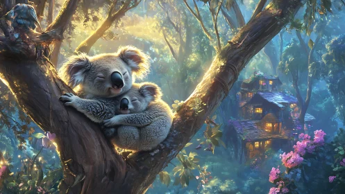 Two koalas sleep on tree branch above lit forest houses