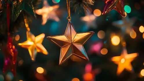 Specular star ornament amid defocused chromatic bokeh field.