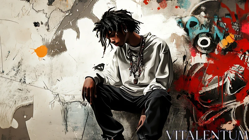 Pensive young man against abstract graffiti wall artwork.