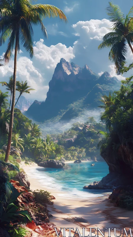 Tropical Paradise Beach with Dramatic Mountain Peak Behind