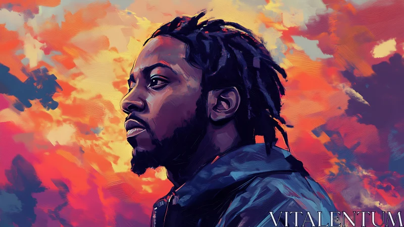 Portrait of contemplative man against vivid painted sky.