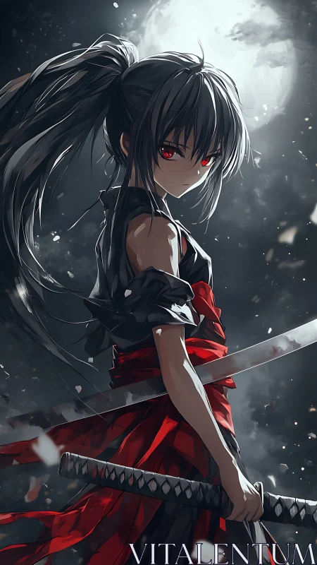 Female swordsman stands under moonlit sky holding katana
