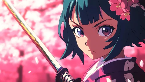 Cherry blossom blade dancer poised in petal-bright resolve.