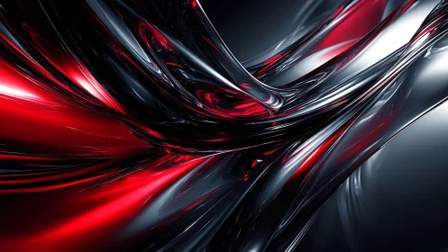 Dynamic red and black abstract metallic waves digital artwork.