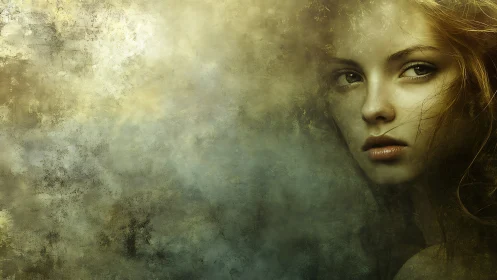 Female face emerges from textured, diffuse abstract background