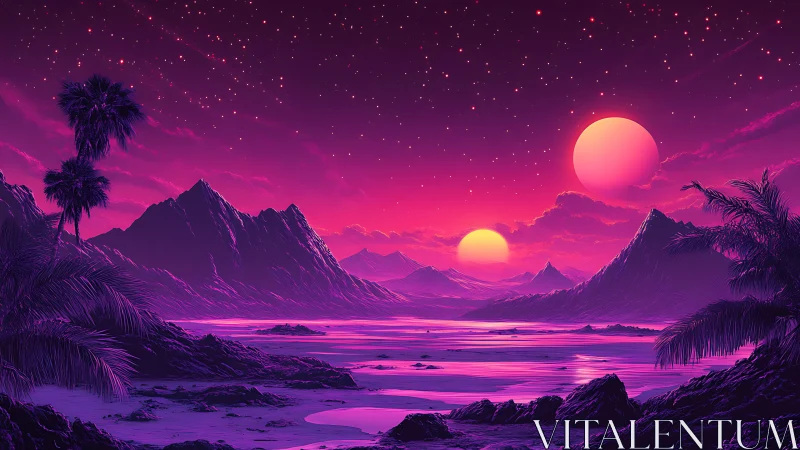 Twin suns soak a neon alien shoreline in cosmic dusk light.