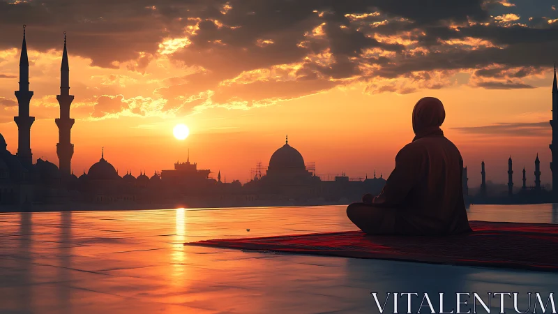 Sunrise quiets the city as a lone figure listens in stillness