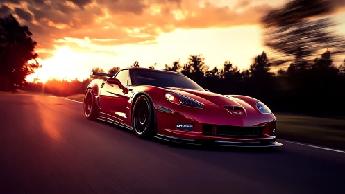 Scarlet sports car slices through sunset-lit open highway