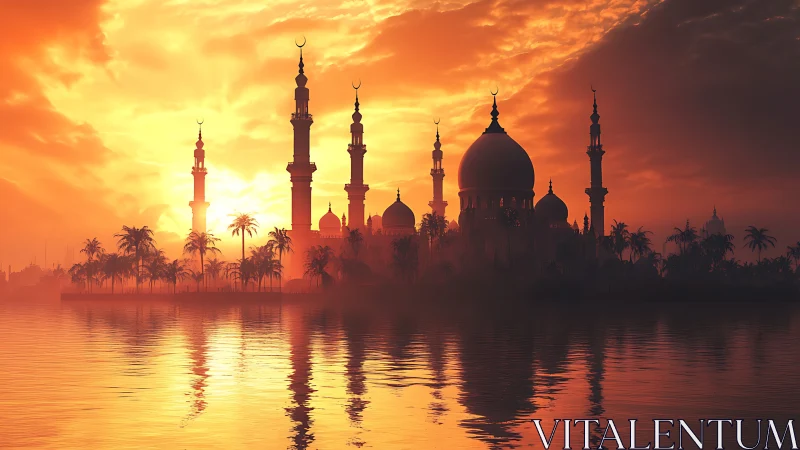 Mosque silhouette with domes and minarets at sunset over water.