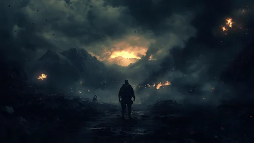 Lone soldier strides through a burning stormwrecked valley.