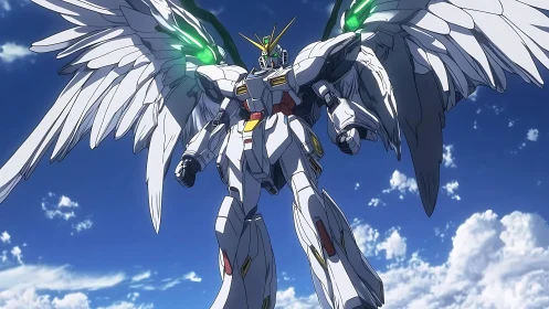 Anime mecha with angelic wing array in low-angle celestial frame.
