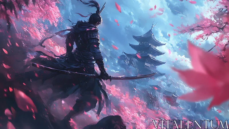 Lone samurai among cherry blossoms facing distant temple.