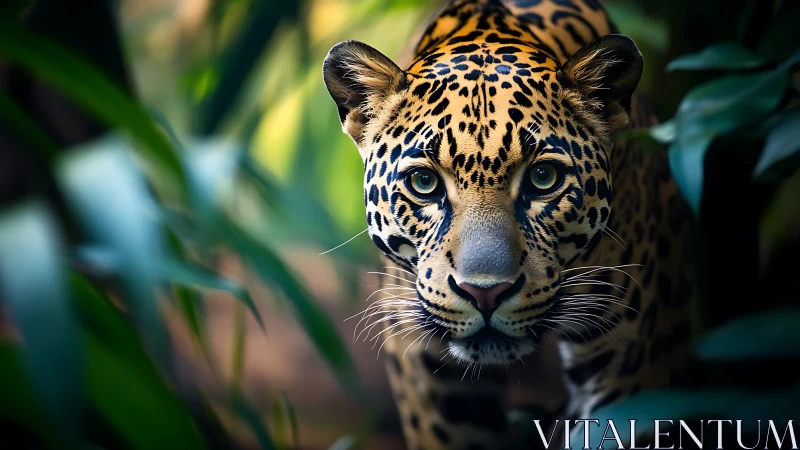 Jaguar emerging through dense rainforest foliage in focus.