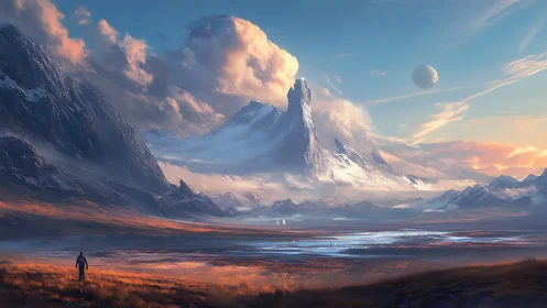 Lone wanderer crossing glowing plains toward icy spire.