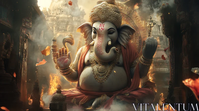 Photorealistic Ganesha temple portrait with cinematic lighting.