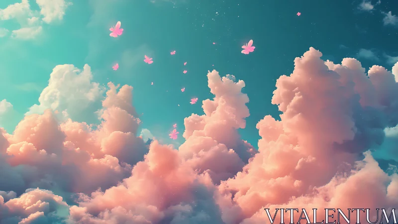 Digital sky scene shows stylized clouds and floating petals