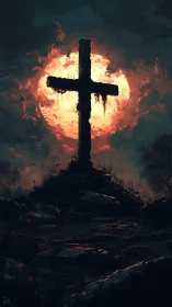 Weathered hilltop cross silhouetted by blood-red moon.