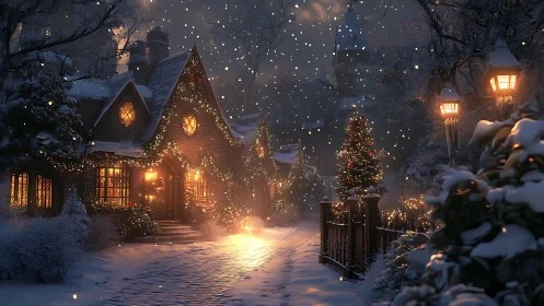 Nocturnal winter village lane with luminous festive lighting.