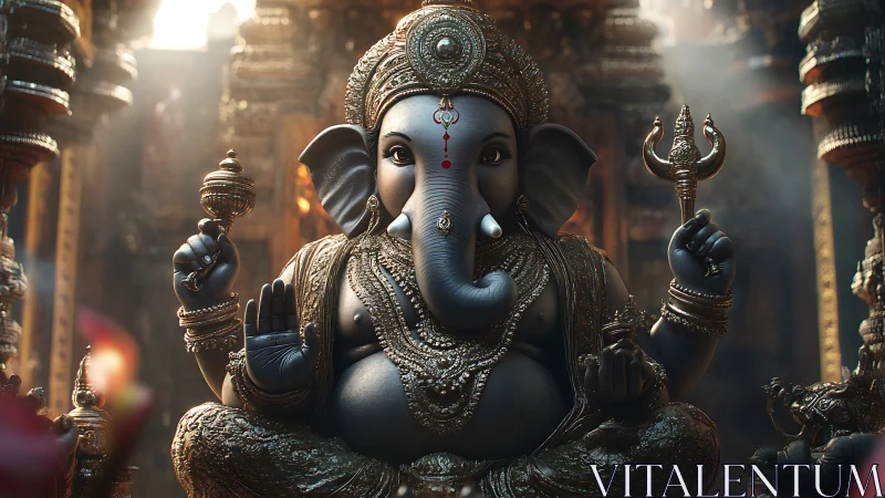 Ornate Ganesha statue breathes light into a misty shrine