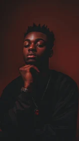 Moody low key portrait with contemplative pose and rich shadows.