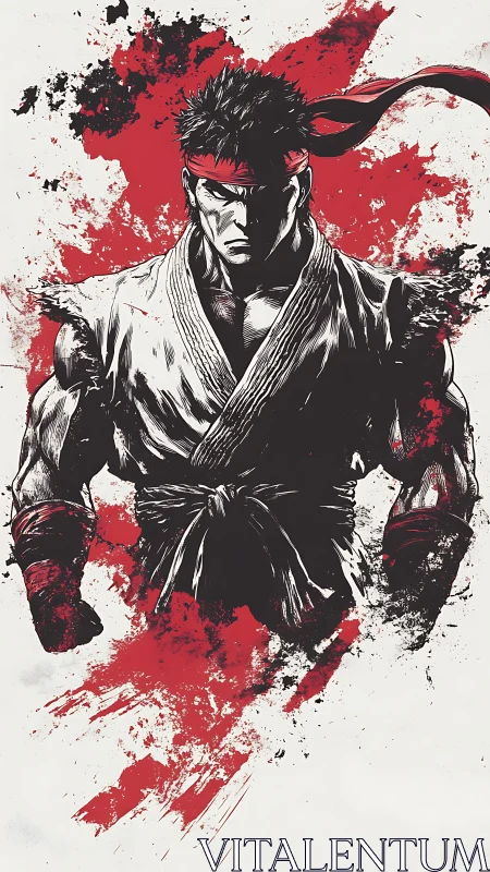 Blood-red warrior stance in explosive ink-splatter fury.