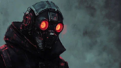 Figure in tactical mask with red lenses against fog background.