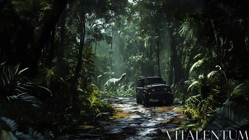 Off-road utility vehicle confronting sauropod in dense jungle.