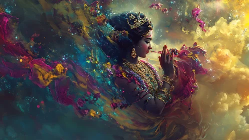 Divine woman in ornate dress amid swirling cosmic colors.