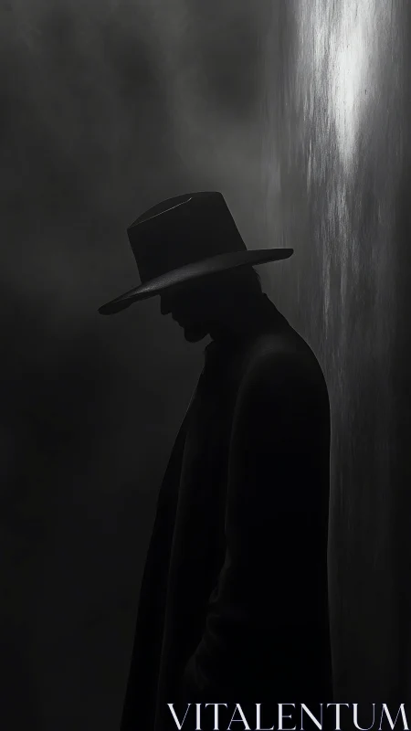 Silhouetted figure in hat leaning against dim vertical surface.