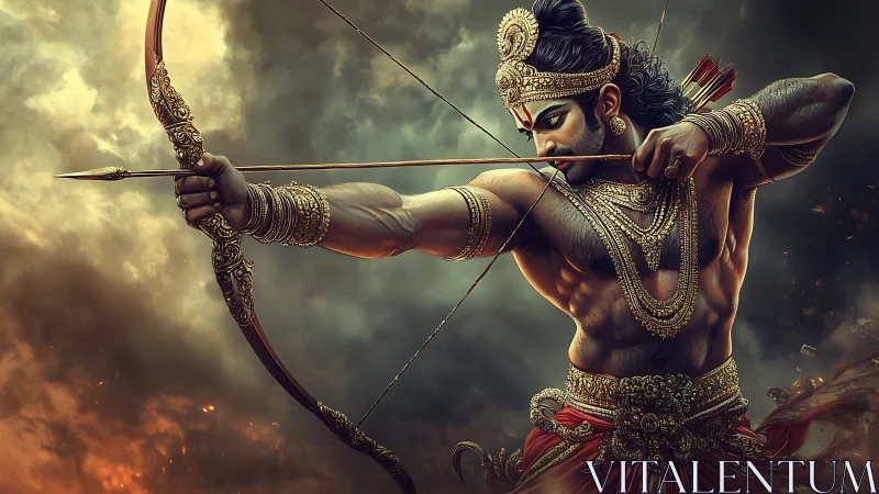 Warrior archer draws ornate bow with arrow under stormy sky