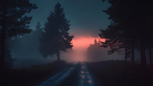 Foggy forest road glows under vivid crimson sunrise.