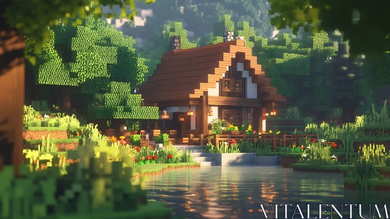 3D voxel woodland cottage with lakeside lighting study.