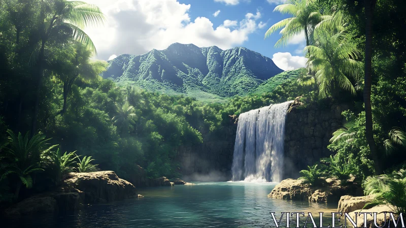Sunlit tropical waterfall beneath lush emerald mountains.