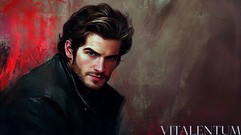 Storm-lit gaze carves quiet drama from crimson shadowed air