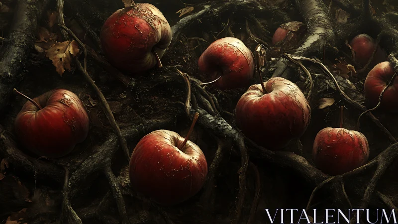 Twisted roots cradle weathered apples in forest dusk hush