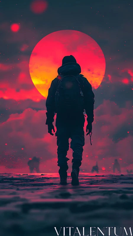 Solitary hooded figure before large red sun at dusk.