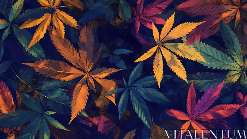 Vibrant overlapping autumn leaves in deep indigo field.