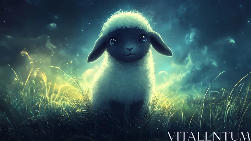 Lamb stands in backlit meadow under diffuse nocturnal sky