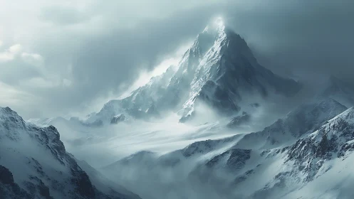 Frozen mountain peak rises through swirling arctic mist.