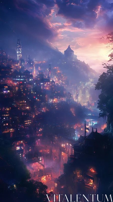 Dreamy neon mountainside city glowing under twilight skies.