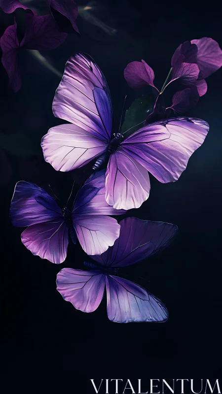 Gentle violet butterflies drifting through moonlit petals.