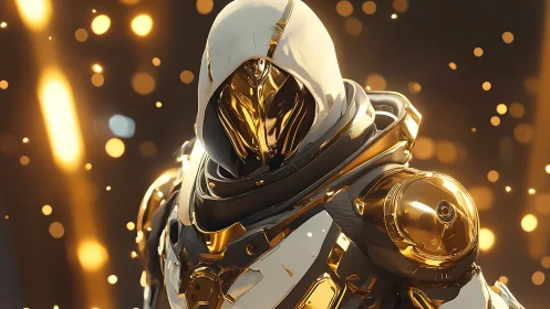 Gold-armored sci-fi guardian stands amid glowing embers.