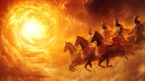 Solar chariot warriors ride a blazing vortex skyward.