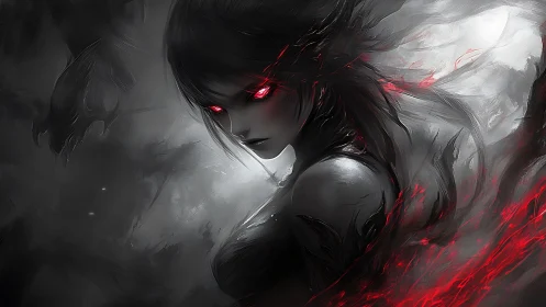 Crimson-eyed shadow siren carves through swirling grayscale storm