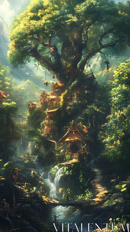 Elaborate forest village built around towering ancient tree.