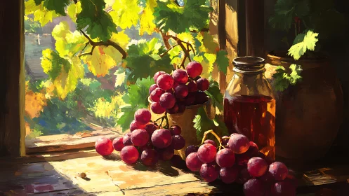 Grapes and glass jar stand on a sunlit wooden windowsill