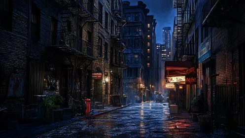 Moody city alley glows softly under rainy evening lights