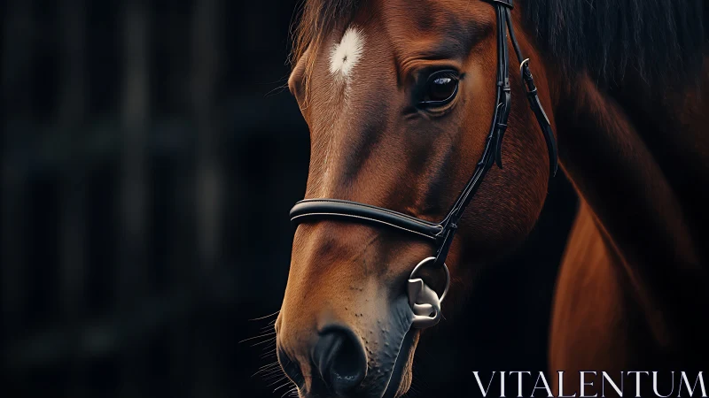 Close-up bay horse head with bridle against dark background.